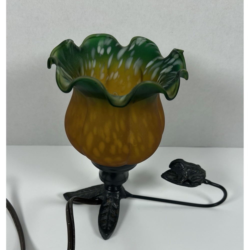 VTG Tiffany Style Art Nouveau Tulip Glass Table Lamp Green Amber Brass Frog